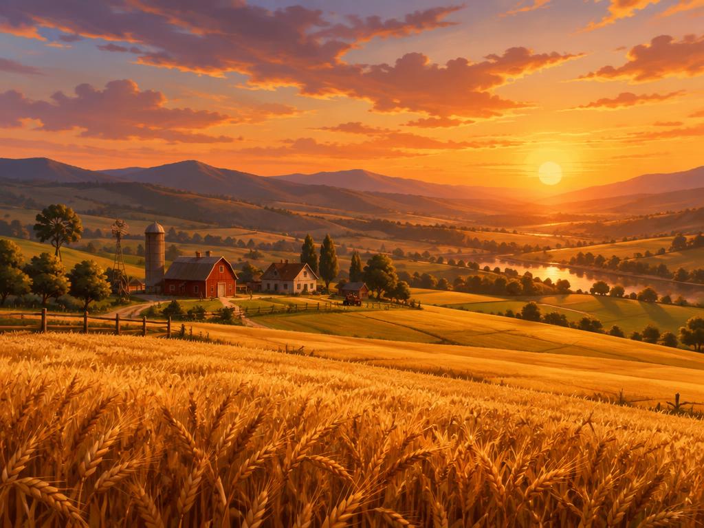 Campo de trigo dourado ao pôr do sol — universo do jogo Golden Valley